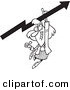 Vector of a Cartoon Businesswoman Holding a Thumb up and Hanging from an Upward Arrow - Coloring Page Outline by Toonaday
