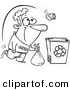 Vector of a Cartoon Can Flying over a Man to a Recycle Bin - Coloring Page Outline by Toonaday