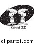 Vector of a Cartoon Cartoon Black and White Outline Design of Twin Geminis over a Black Starry Oval - Outlined Coloring Page Drawing by Toonaday