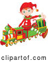 Vector of a Cartoon Christmas Elf Presenting and Sitting on a Toy Train by Pushkin