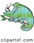 Vector of a Cartoon Green and Blue Plaid Chameleon Lizard Smiling on a Branch by Toonaday