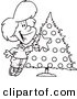 Vector of a Cartoon Happy Girl Decorating a Christmas Tree - Coloring Page Outline by Toonaday