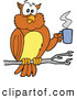 Vector of a Cartoon Owl in a Tree with a Hot Cup of Coffee by LaffToon