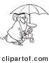 Vector of a Cartoon Paranoid Businessman Wearing a Helmet Under an Umbrella - Coloring Page Outline by Toonaday
