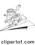 Vector of a Cartoon Pilot Boy Flying on a Paper Plane - Outlined Coloring Page by Toonaday