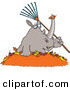 Vector of a Cartoon Rhino Holding a Rake in a Pile of Autumn Leaves by Toonaday