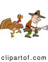 Vector of a Cartoon Thanksgiving Turkey Stalking a Pilgrim Hunter with a Gun by LaffToon