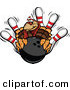 Vector of a Cartoon Turkey Mascot with a Bowling Ball and Pins by Chromaco