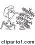 Vector of a Cartoon Woman Decorating a Sparse Xmas Tree - Coloring Page Outline by Toonaday