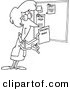 Vector of a Cartoon Woman Posting a Volunteers Needed Sign on a Bulletin Board - Coloring Page Outline by Toonaday
