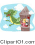 Vector of a Dragon Flying Around Tower with Young Cartoon Knight and Princess by BNP Design Studio