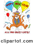 Vector of a Ginger Cat in a Vest and Tie, Holding onto Balloons and Surrounded by Confetti at a Party, with Happy New Year All You Crazy Cats Text by LaffToon