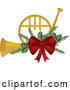 Vector of a Gold Christmas French Horn with Holly and a Red Bow by Pams Clipart