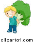 Vector of a Happy Blond Boy Carrying a Giant Broccoli Floret on His Back by BNP Design Studio