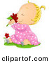 Vector of a Happy Cartoon Baby Girl Smelling a Red Daisy Flower While Seated on Grass by BNP Design Studio