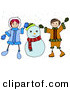 Vector of a Happy Cartoon Boy and Girl Playing Beside a Snowman by BNP Design Studio