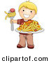 Vector of a Happy Cartoon Boy Holding a Plate of Spaghetti with Meatballs by BNP Design Studio