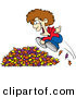 Vector of a Happy Cartoon Boy Jumping in to a Pile of Autumn Leaves by Toonaday