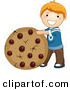 Vector of a Happy Cartoon Boy Standing Beside Giant Chocolate Chip Cookie by BNP Design Studio