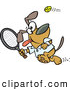 Vector of a Happy Cartoon Dog Swinging a Tennis Racket at the Ball by Toonaday