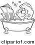 Vector of a Happy Cartoon Girl Reading the Newspaper in a Bath Tub - Coloring Page Outline by Toonaday