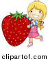 Vector of a Happy Cartoon Girl Standing Beside a Big Strawberry by BNP Design Studio