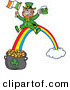 Vector of a Happy Cartoon Leprechaun Riding a Rainbow down to a Lucky Pot of Gold with a Beer and Irish Flag by LaffToon
