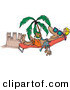 Vector of a Happy Cartoon Man Tanning Beside a Beach Sand Castle with Palm Tree by Toonaday