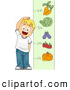 Vector of a Happy Cartoon School Boy Measuring His Height with Vegetables by BNP Design Studio