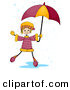 Vector of a Happy Girl Playing in a Rain Puddle While Holding an Umbrella by BNP Design Studio