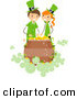 Vector of a Happy St. Patrick's Day Girl and Boy over a Lucky Pot of Gold by BNP Design Studio