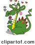 Vector of a Love Struck Cartoon Dragon Holding a Purple Flower with Hearts Floating Above His Head by Toonaday