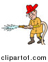 Vector of a Male Caucasian Fireman in a Uniform and Red Hardhat, Operating a Water Hose by LaffToon