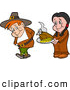 Vector of a Native American Cartoon Woman Offering a Pilgrim Thanksgiving Turkey and Corn by LaffToon