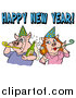 Vector of a Pig Couple in Party Hats, Getting Drunk and Blowing Noise Makers Under a Happy New Year Greeting by LaffToon