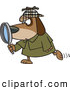 Vector of a Private Investigator Cartoon Dog Looking Through a Magnifying Glass While Walking Forward by Toonaday