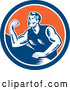 Vector of a Retro Arm Wrestling Man in a Blue White and Orange Circle by Patrimonio