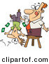 Vector of a Smiling Cartoon Man Standing on a Stool and Shaking Money Our of a Guy's Pockets by Toonaday