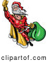 Vector of a Super Cartoon Santa Flying with Bag Full of Presents by Zooco
