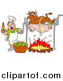Vector of a White Man Holding a Bottle of Bbq Sauce and Cooking a Cow and Pig over a Fire by LaffToon
