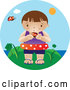Vector of an Interested Boy Wearing an Inner Tube and Holding a Butterfly While Standing near the Beach on a Hot Summer Day by Vitmary Rodriguez