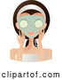 Vector of Beautiful Brunette White Lady with Green Eyes, Facing Front, Applying a Mask and Holding Cucumbers over Her Eyes by Melisende Vector