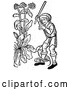 Vector of Black and White Woodcut Medieval Guy Swinging at a Snake Coiled Around His Leg in a Garden by Picsburg