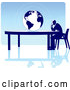 Vector of Business Man Seated at a Table, Facing a Globe over a Blue Background, on a White Surface, Symbolizing Travel, Ecology or International Trade by Tonis Pan