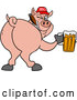 Vector of Cartoon Grinning Pig Looking Back, Smoking a Cigar, Wearing a Bbq Hat, Holding a Beer by LaffToon