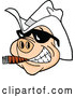 Vector of Cartoon Grinning Pig Wearing Sunglasses and a White Cowboy Hat, Smoking a Cigar by LaffToon
