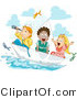 Vector of Cartoon Kids Watching Fish Fly Above Water While Sailing in a Paper Boat by BNP Design Studio