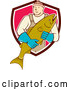 Vector of Cartoon Male Fishmonger Holding a Catch and Emerging from a Maroon White and Pink Shield by Patrimonio