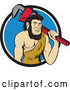 Vector of Cartoon Neanderthal Caveman Plumber Holding a Monkey Wrench over His Shoulder in a Blue and White Circle by Patrimonio
