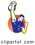 Vector of Cartoon Retro Male Bodybuilder Lifting a Kettlebell and Emerging from a Yellow and Red Ray Circle by Patrimonio